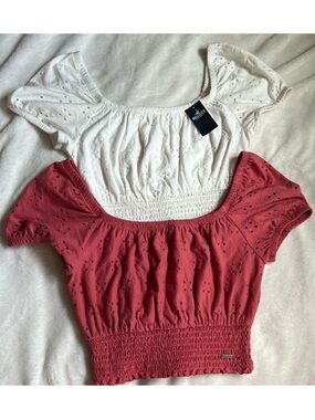 NWT Hollister • Women’s Size XS • Eyelet Smocked Crop Tops • White & Rose